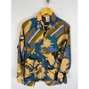 Lion Vintage 70s Batik Print Button Down Shirt Mustard Blue Abstract 16
